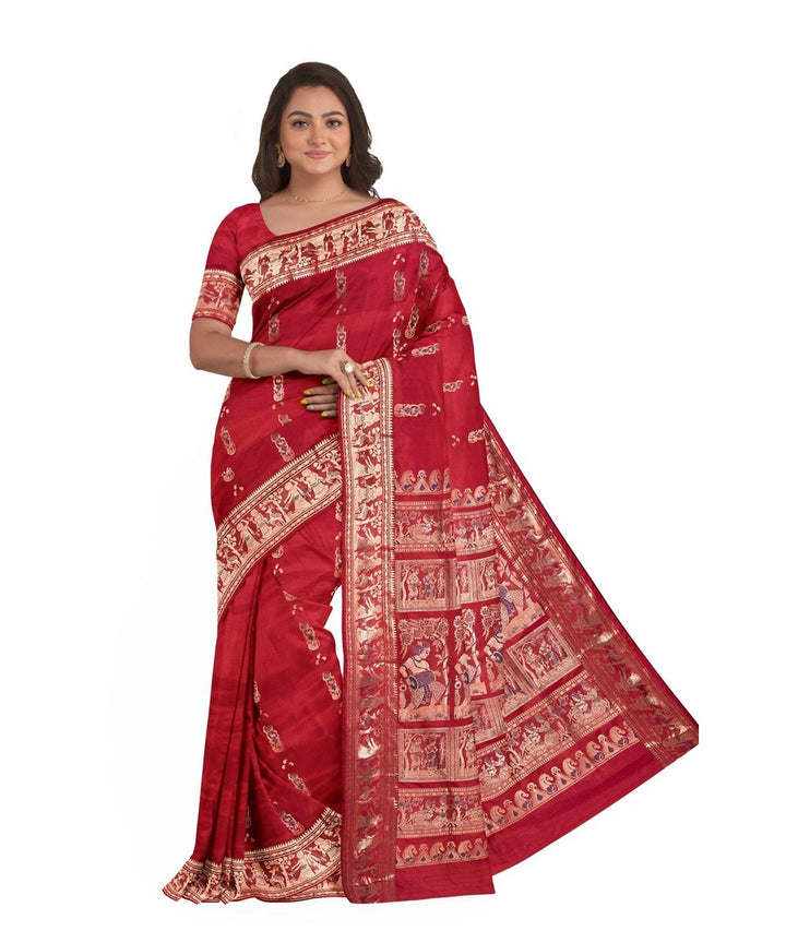 Biswa bangla red silk handwoven baluchari saree
