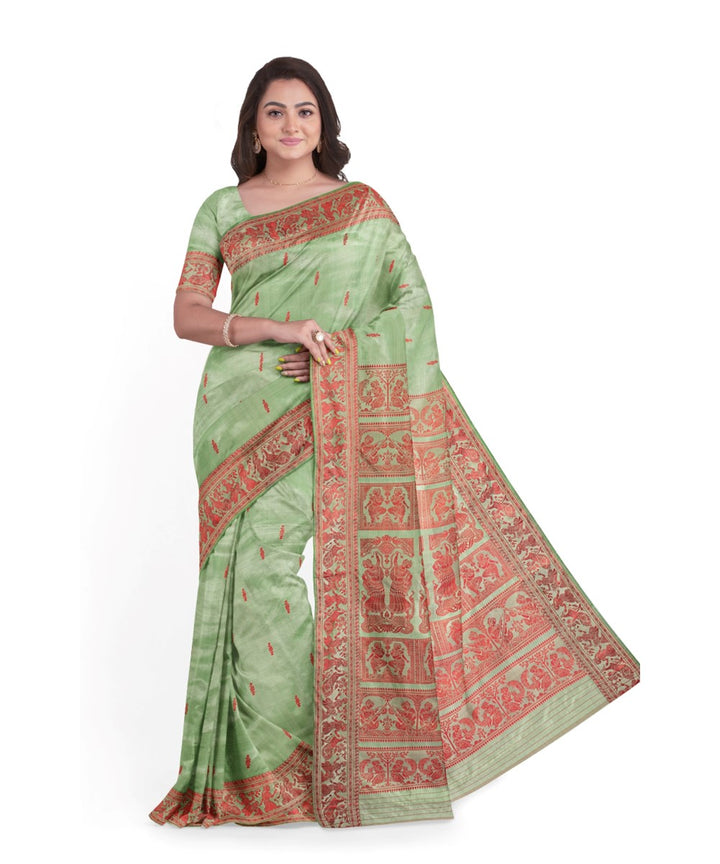 Biswa bangla light green red silk handwoven baluchari saree