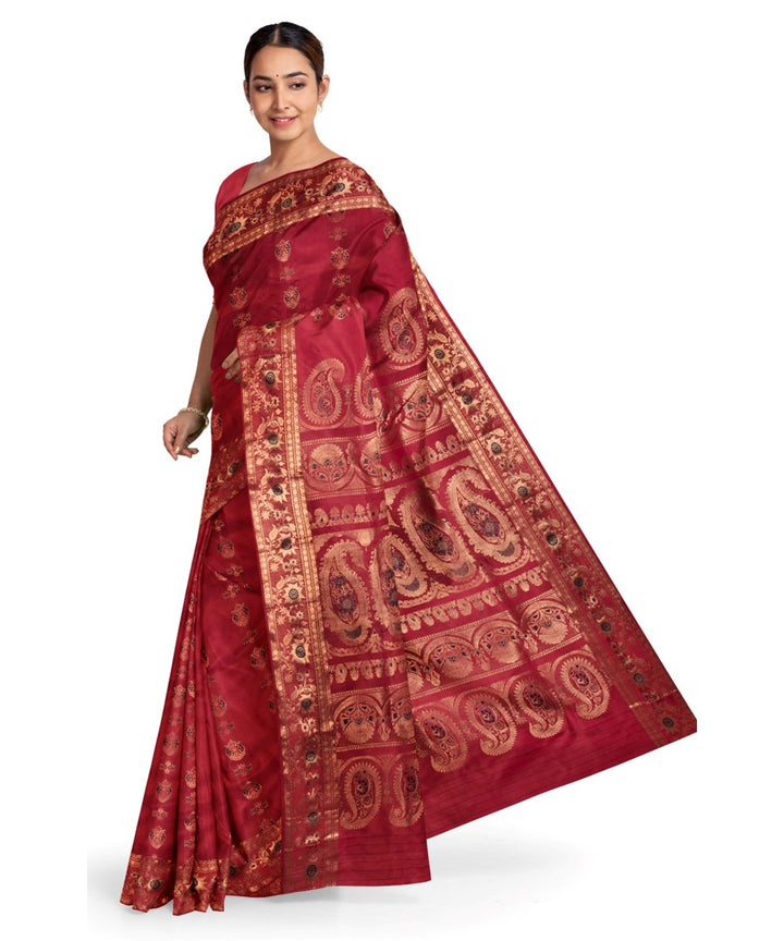 Biswa bangla maroon silk handwoven baluchari saree