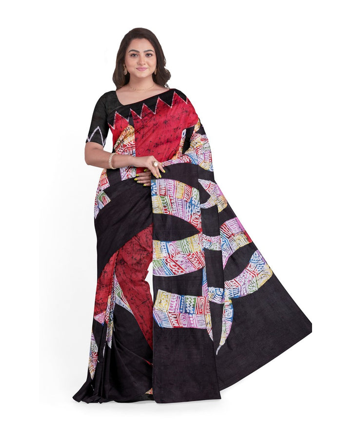 Black red silk bengal hand printed batik saree