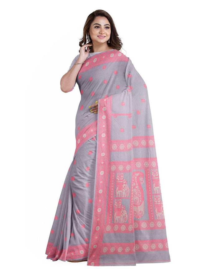 Grey pink cotton bengal handwoven baluchari saree
