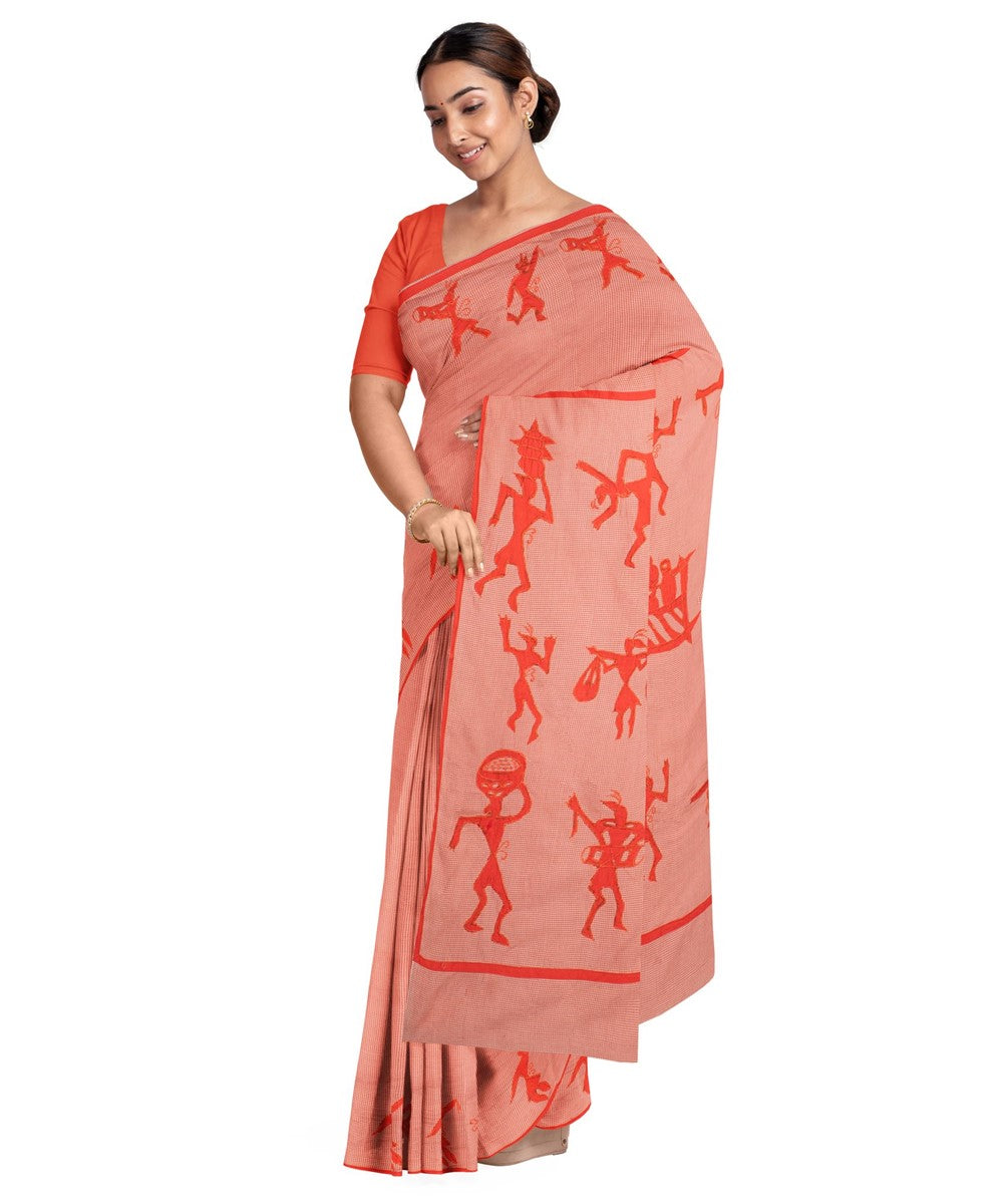 Biswa bangla orange cotton hand embroidery applique work saree
