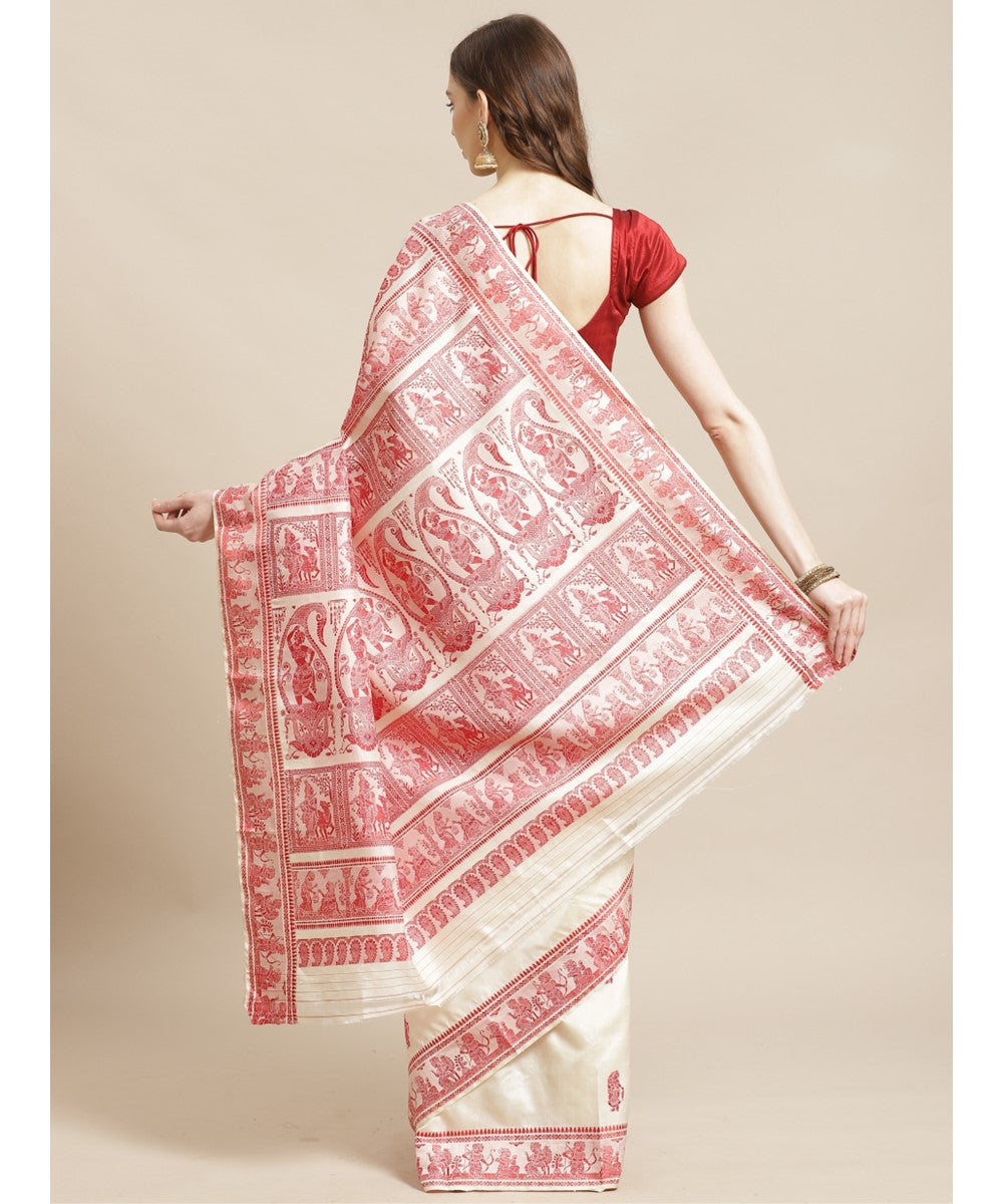 Biswa bangla cream red silk handwoven baluchari saree