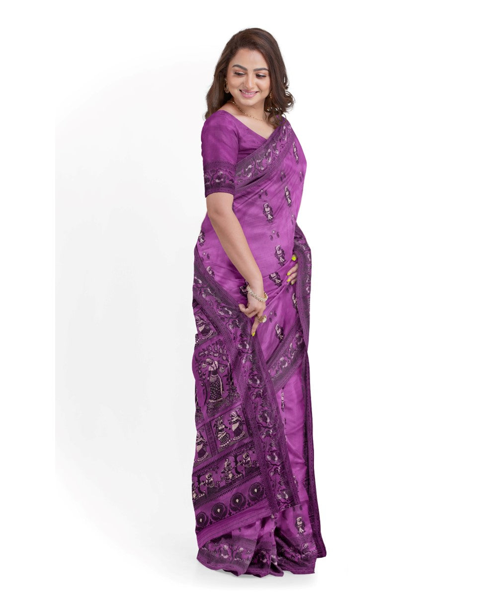 Biswa bangla purple black silk handwoven baluchari saree