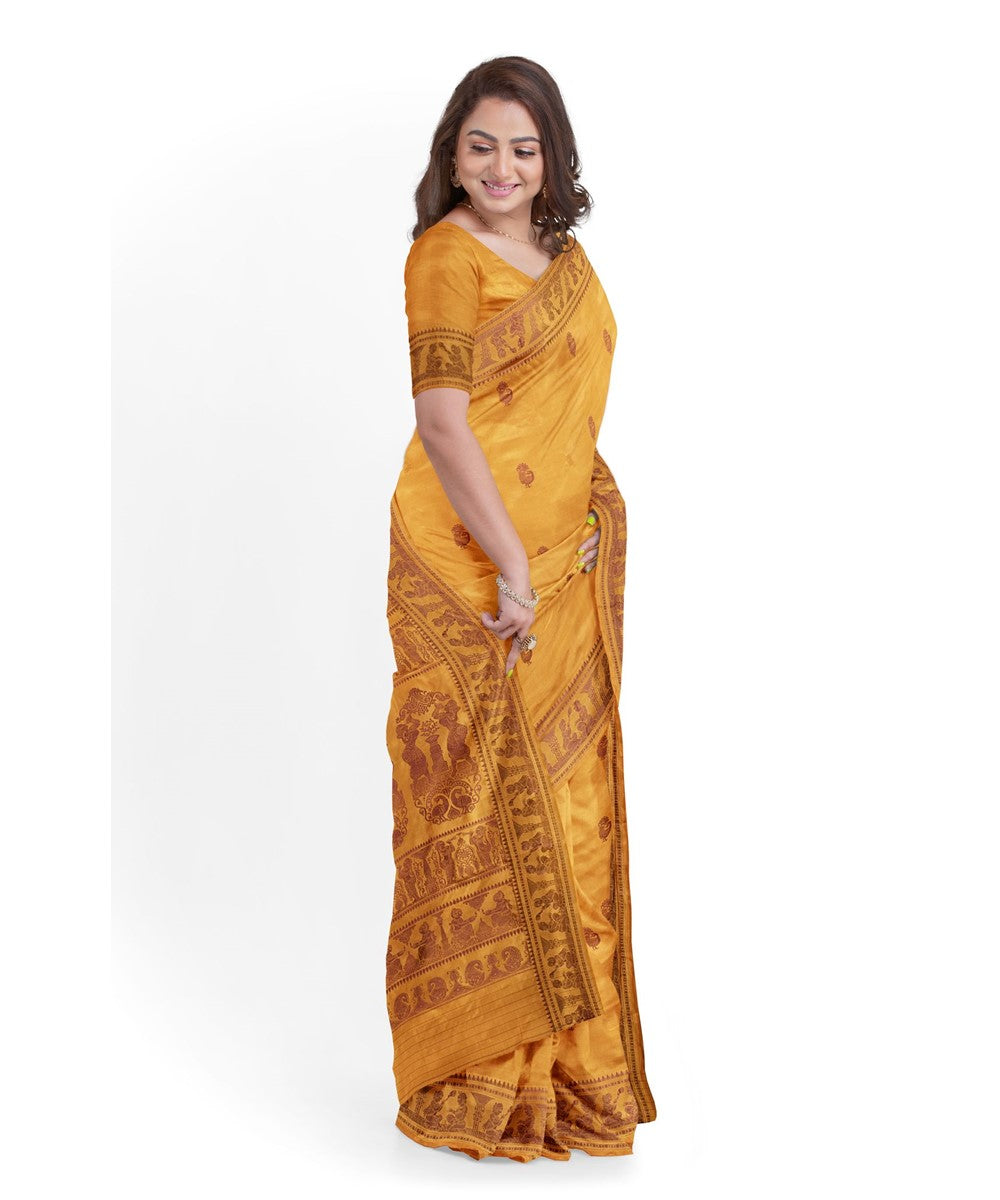 Biswa bangla mustard brown silk handwoven baluchari saree