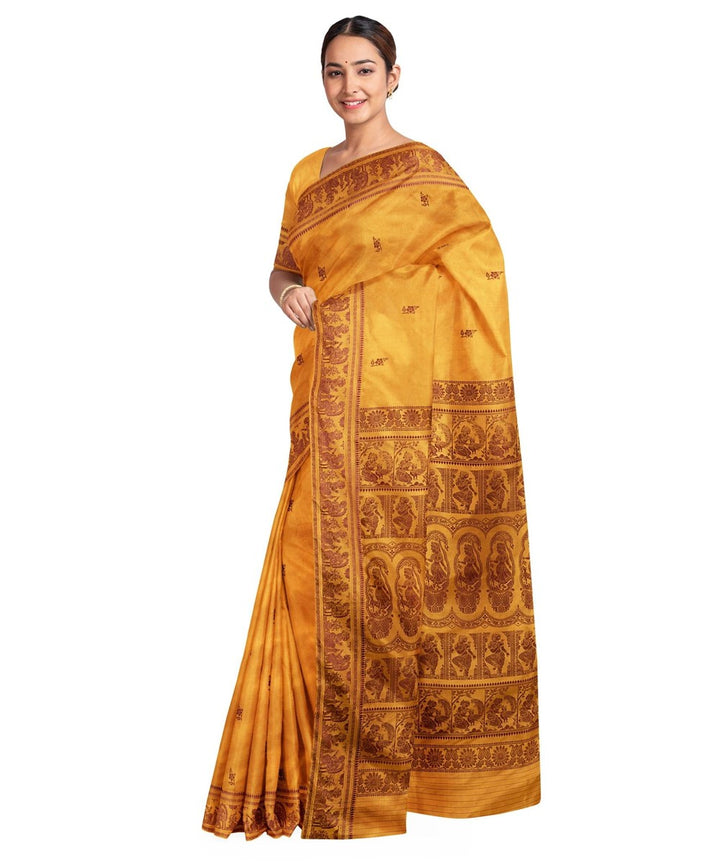 Biswa bangla mustard brown silk handloom baluchari saree