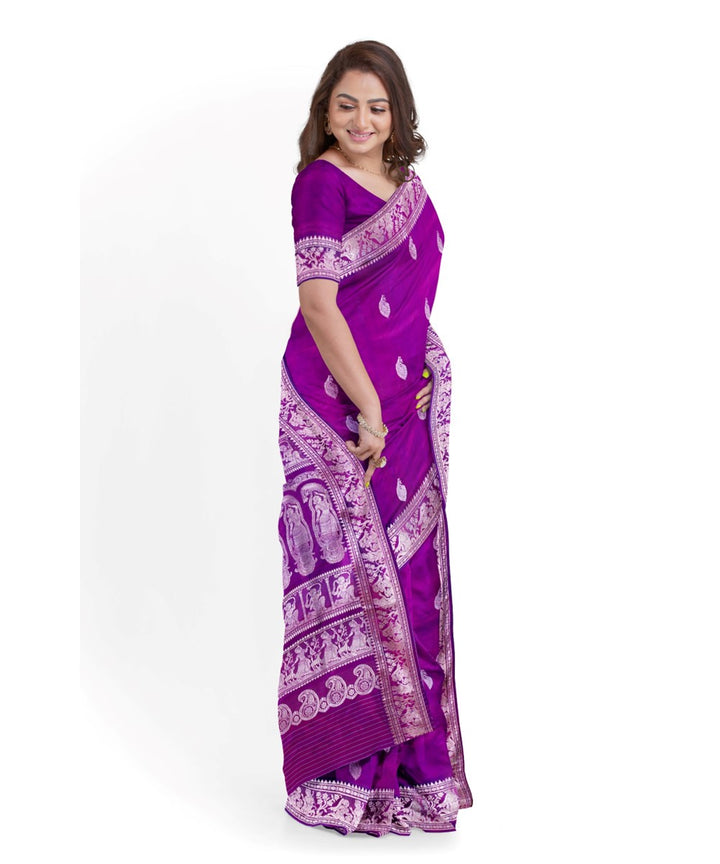 Biswa bangla purple silver silk handwoven baluchari saree