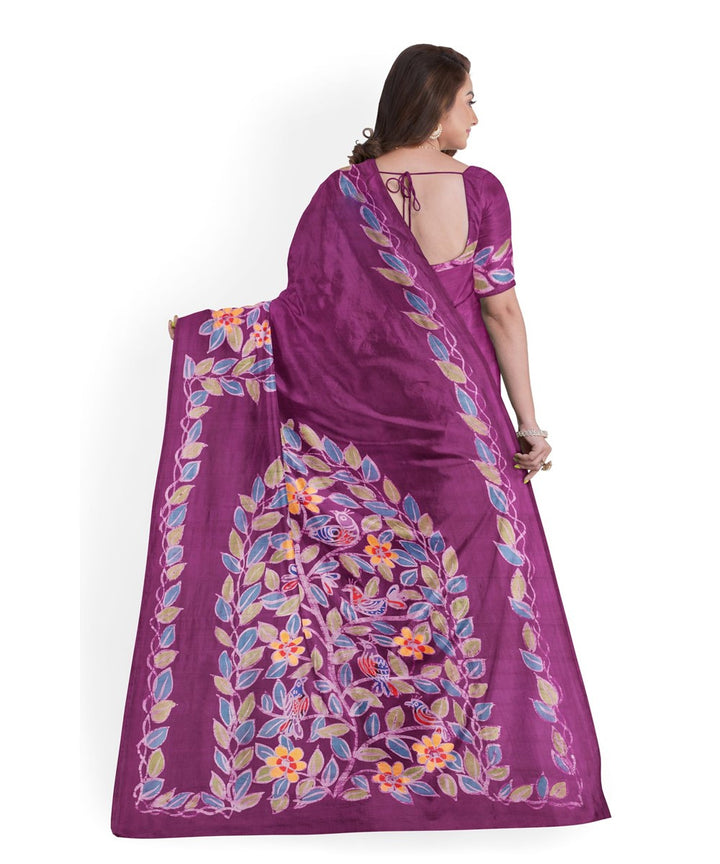 Purple silk batik print bengal saree