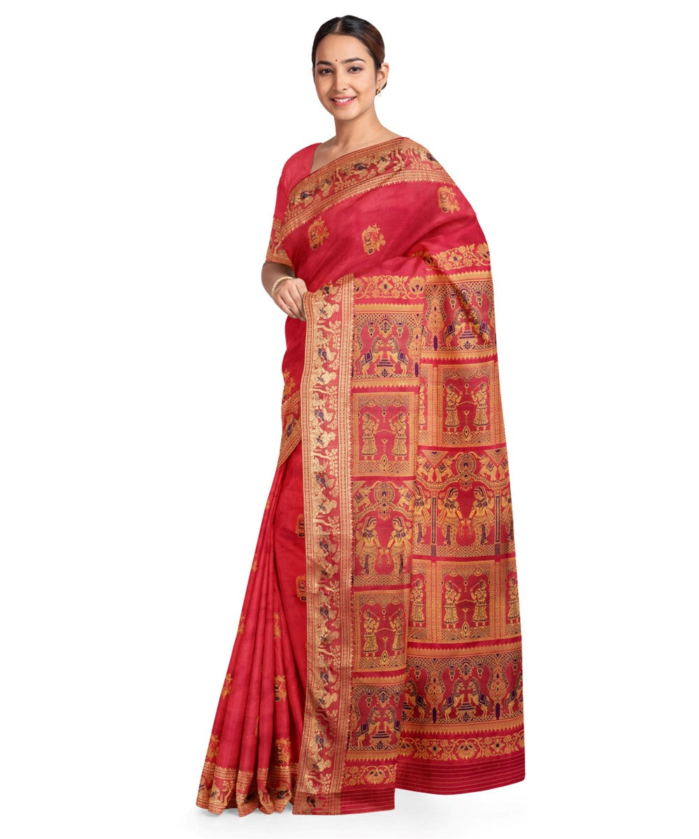 Biswa bangla red silk handloom baluchari saree