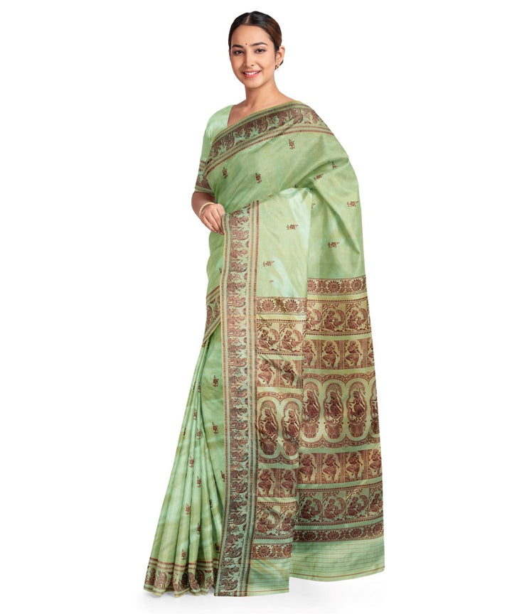 Biswa bangla olive green silk handwoven baluchari saree