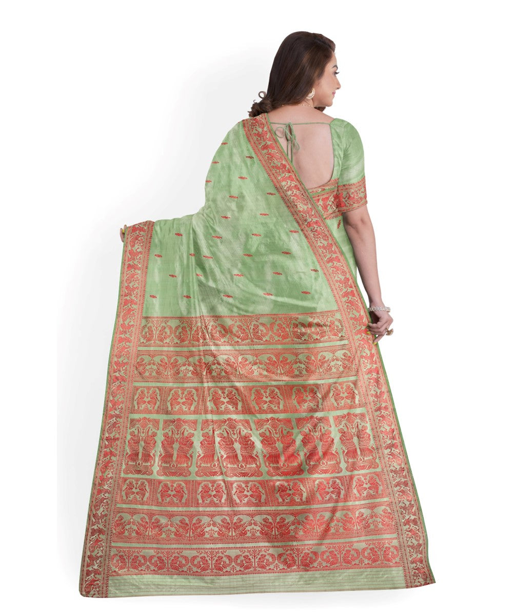 Biswa bangla light green red silk handwoven baluchari saree