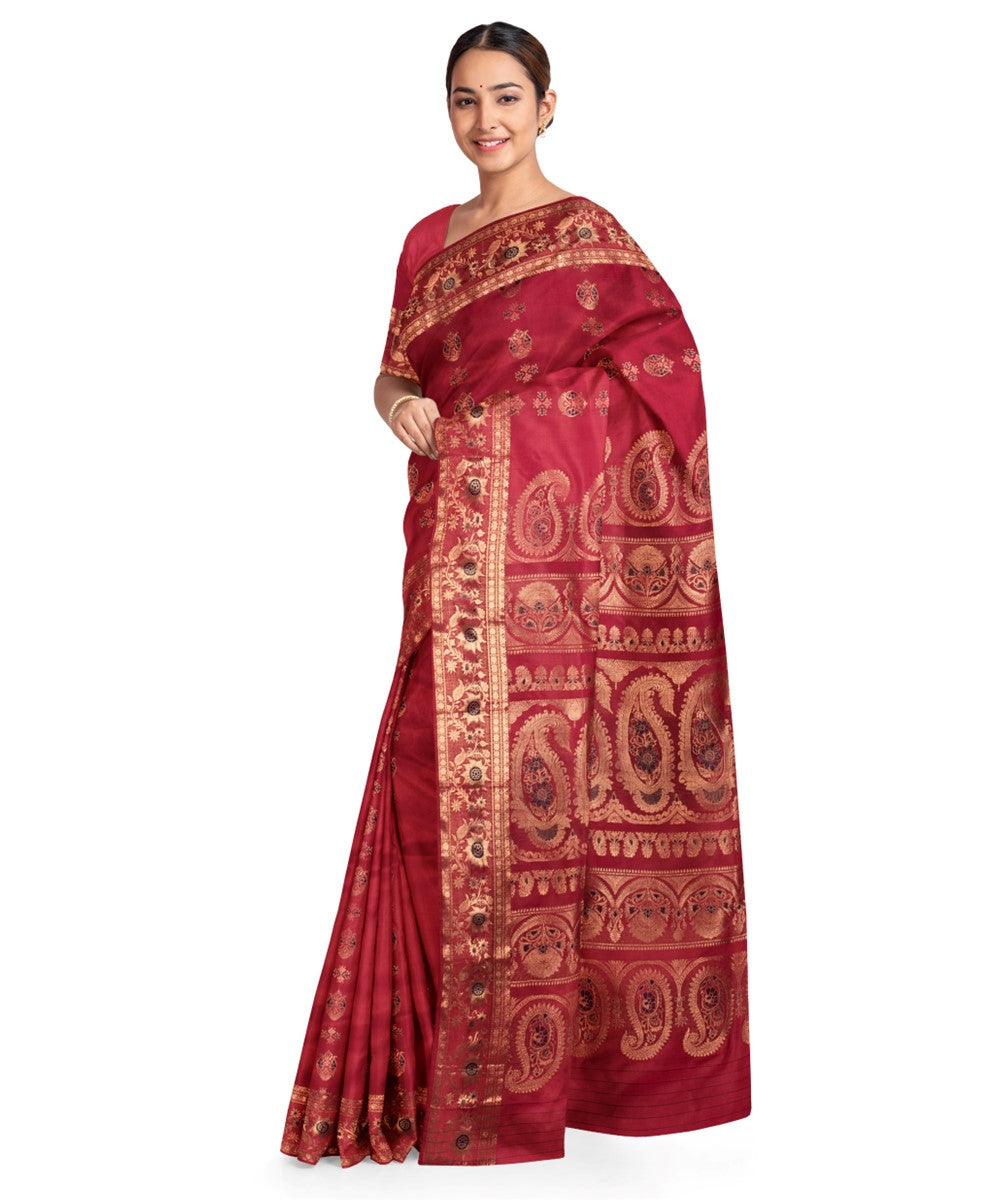 Biswa bangla maroon silk handwoven baluchari saree