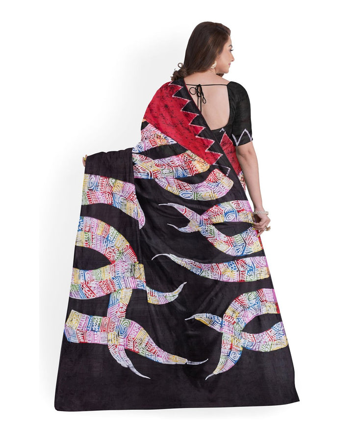 Black red silk bengal hand printed batik saree