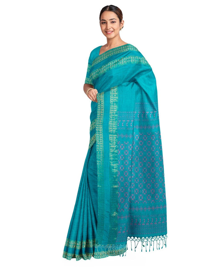 Teal green silk handloom bengal saree