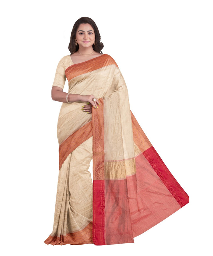 Cream red tussar silk handloom saree