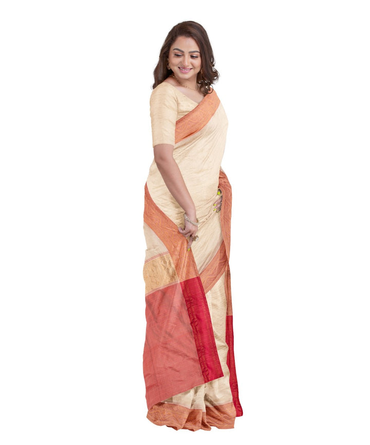 Cream red tussar silk handloom saree