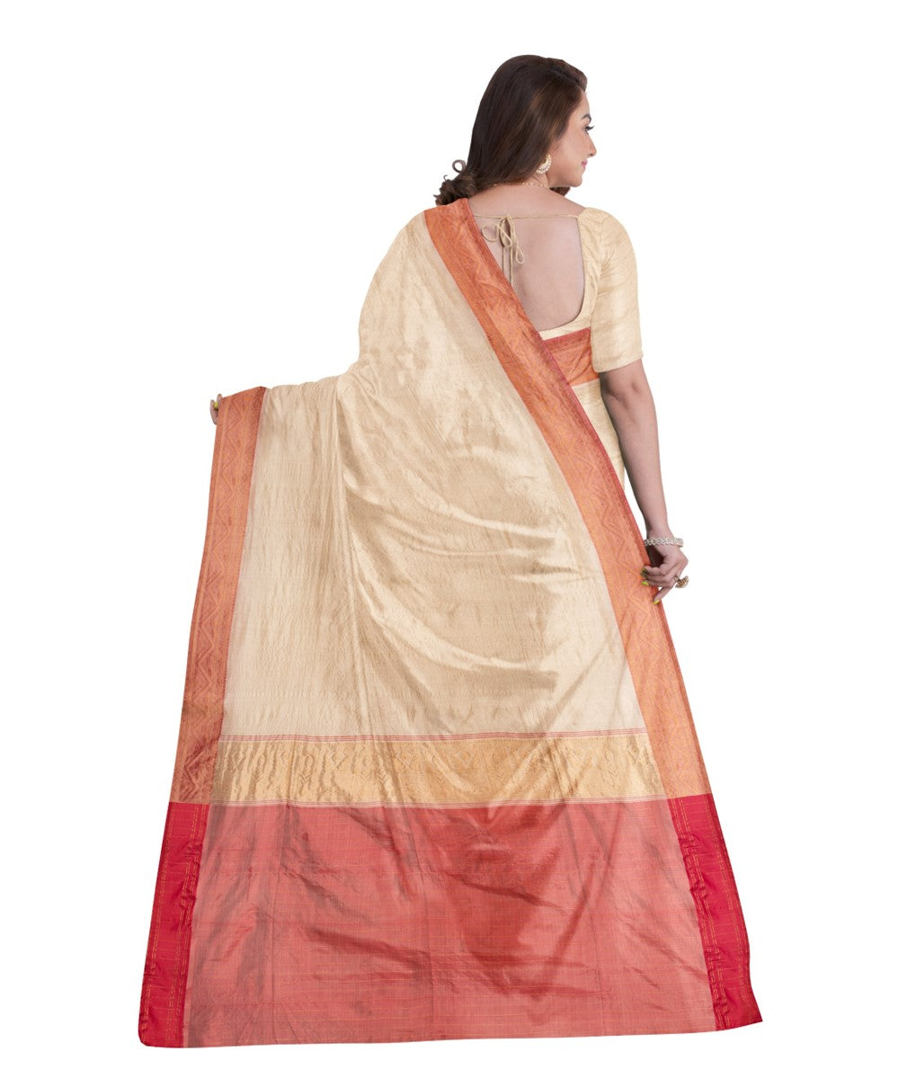 Cream red tussar silk handloom saree