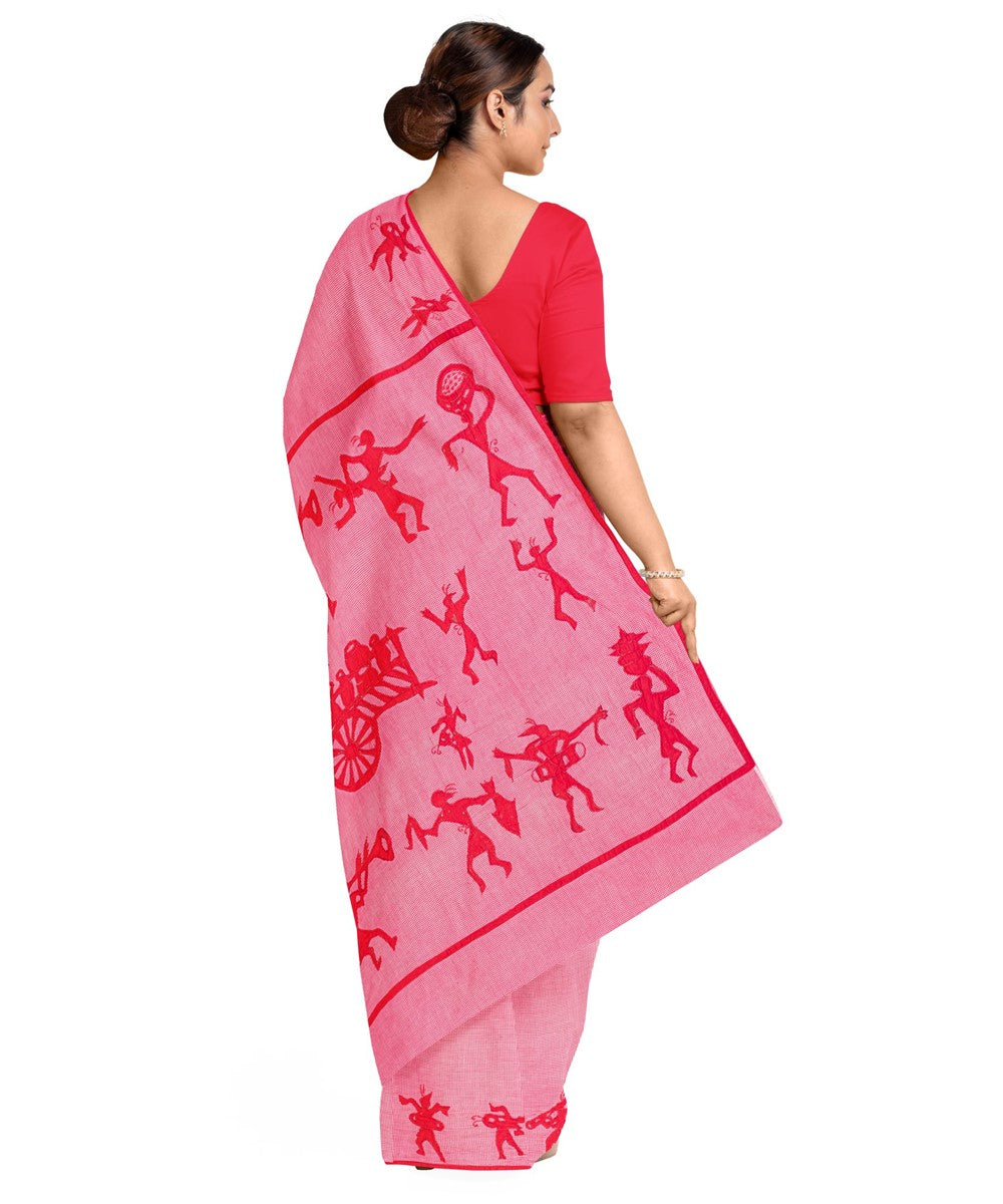 Biswa bangla red white cotton hand embroidery applique work saree