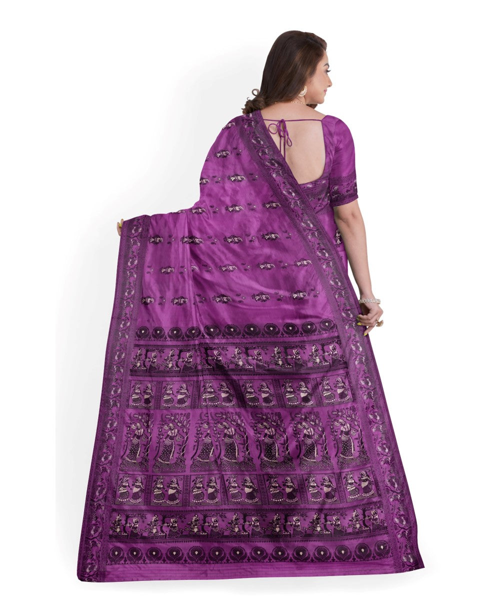 Biswa bangla purple black silk handwoven baluchari saree