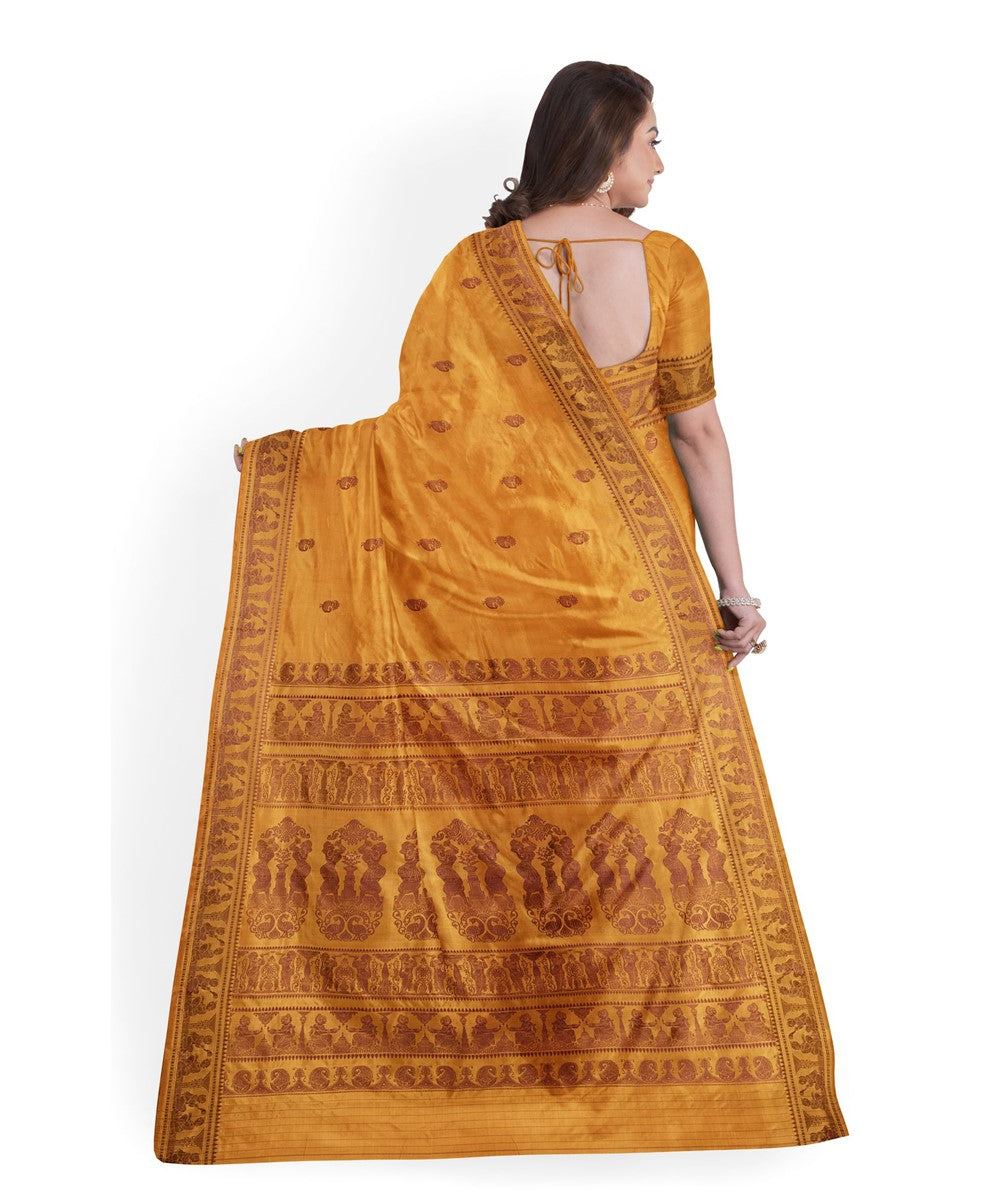 Biswa bangla mustard brown silk handwoven baluchari saree