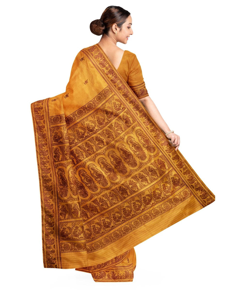 Biswa bangla mustard brown silk handloom baluchari saree