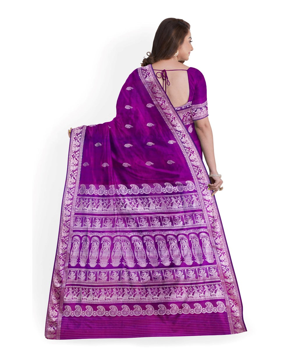 Biswa bangla purple silver silk handwoven baluchari saree