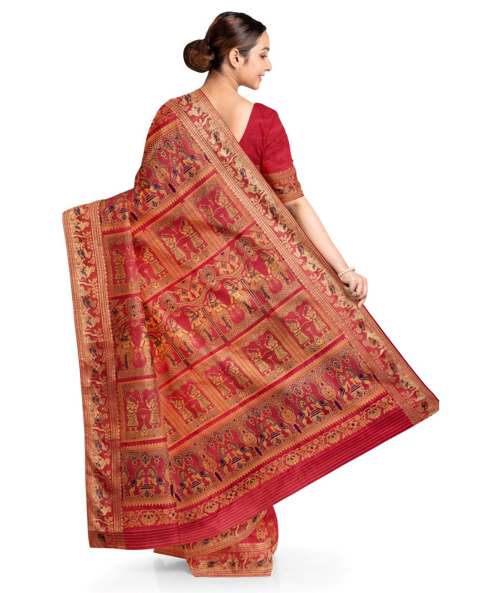 Biswa bangla red silk handloom baluchari saree