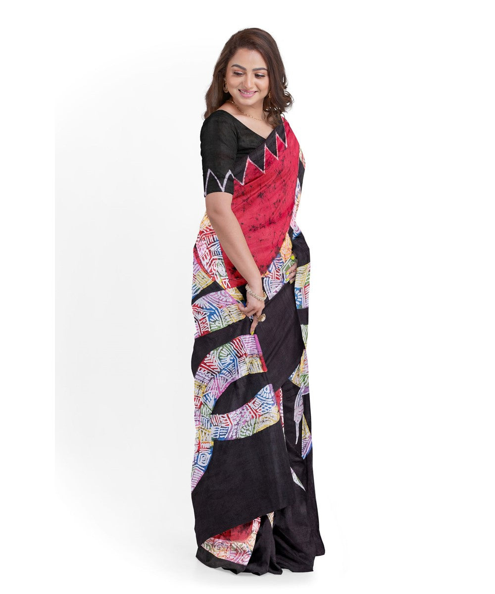Black red silk bengal hand printed batik saree