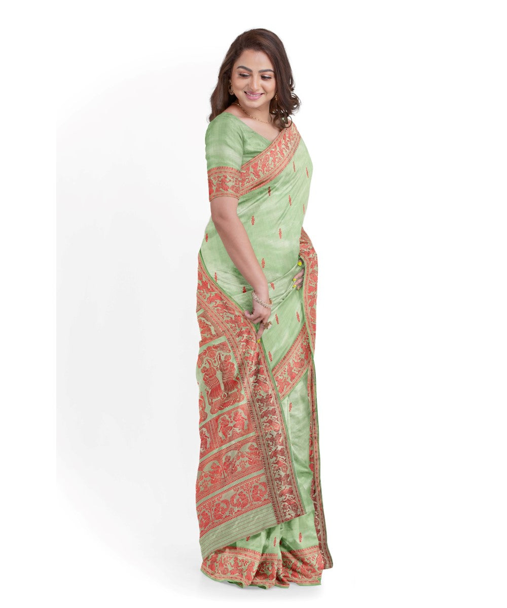 Biswa bangla light green red silk handwoven baluchari saree