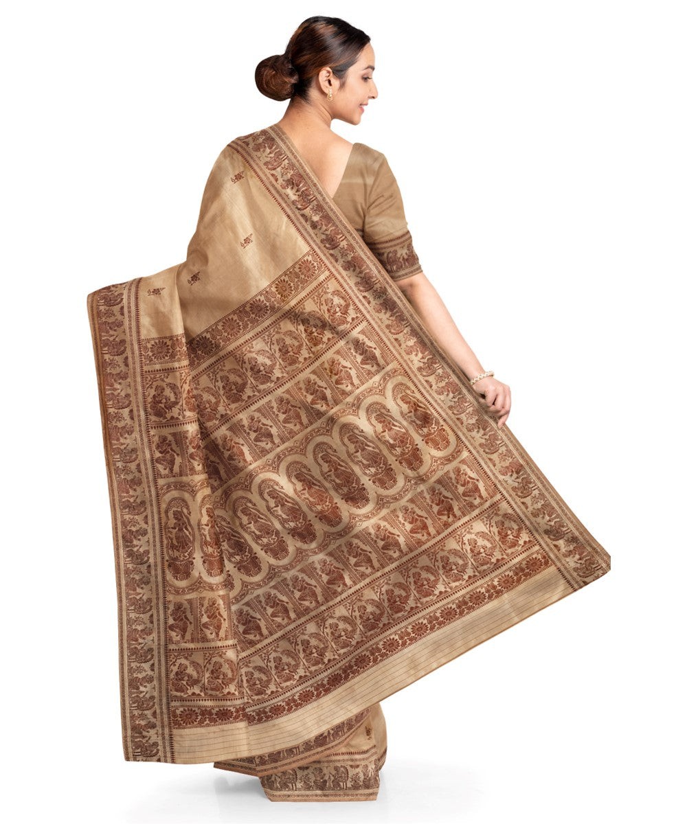 Biswa bangla beige silk handwoven baluchari saree
