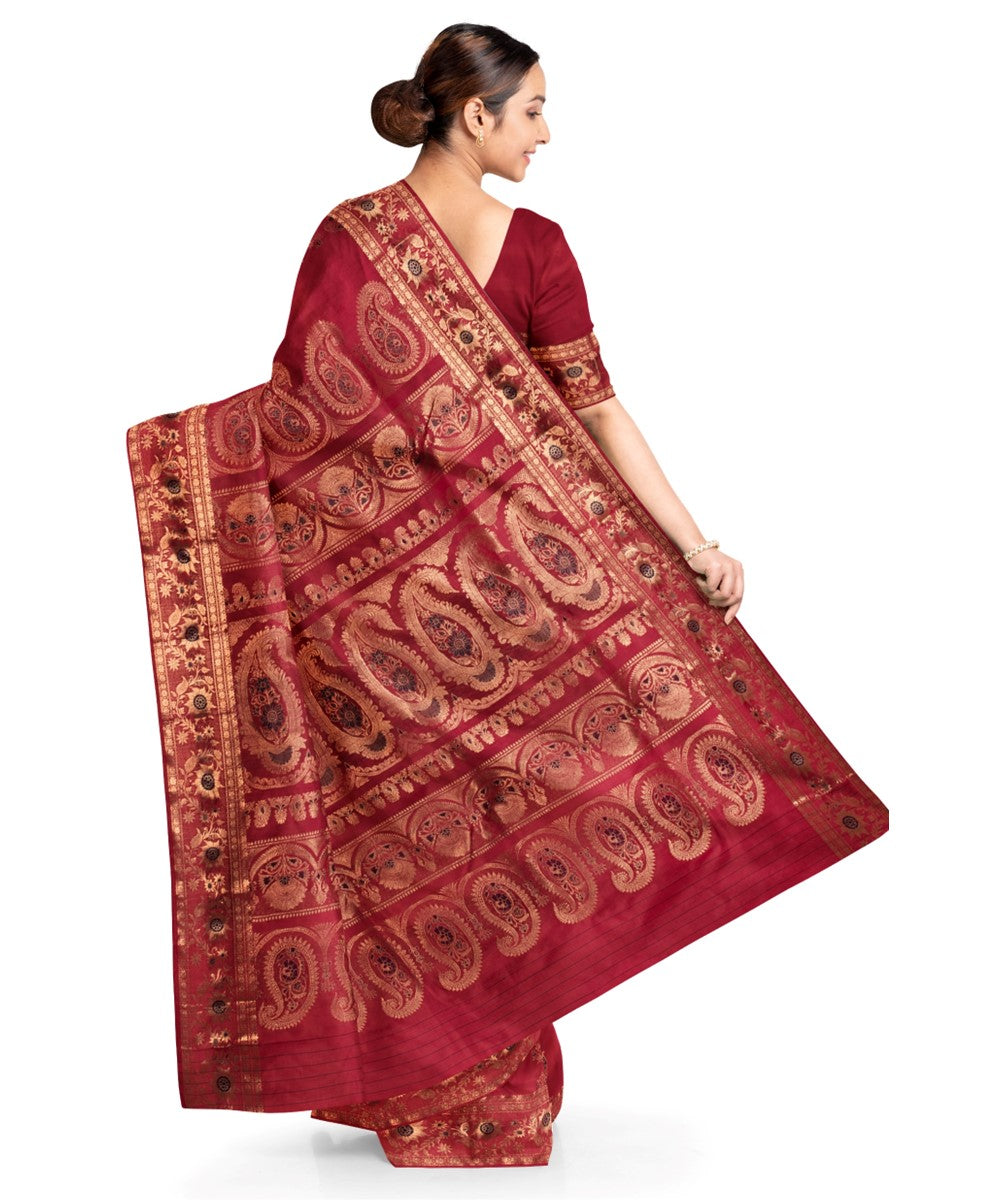 Biswa bangla maroon silk handwoven baluchari saree