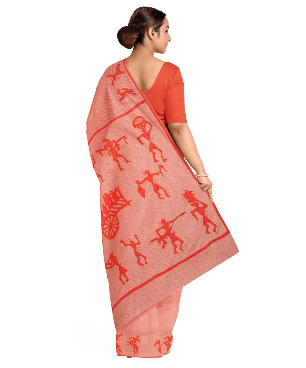 Biswa bangla orange cotton hand embroidery applique work saree