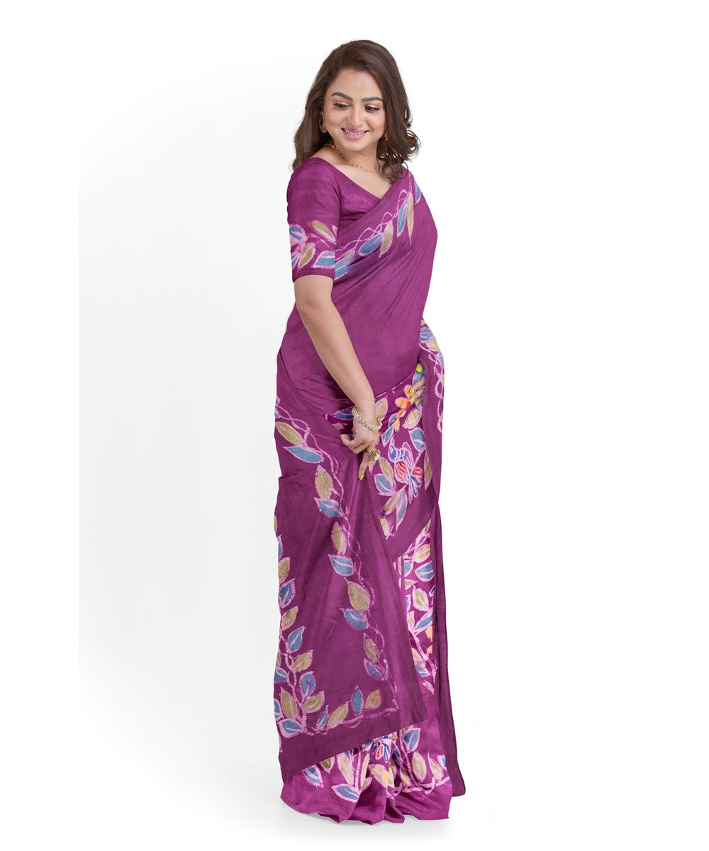 Purple silk batik print bengal saree