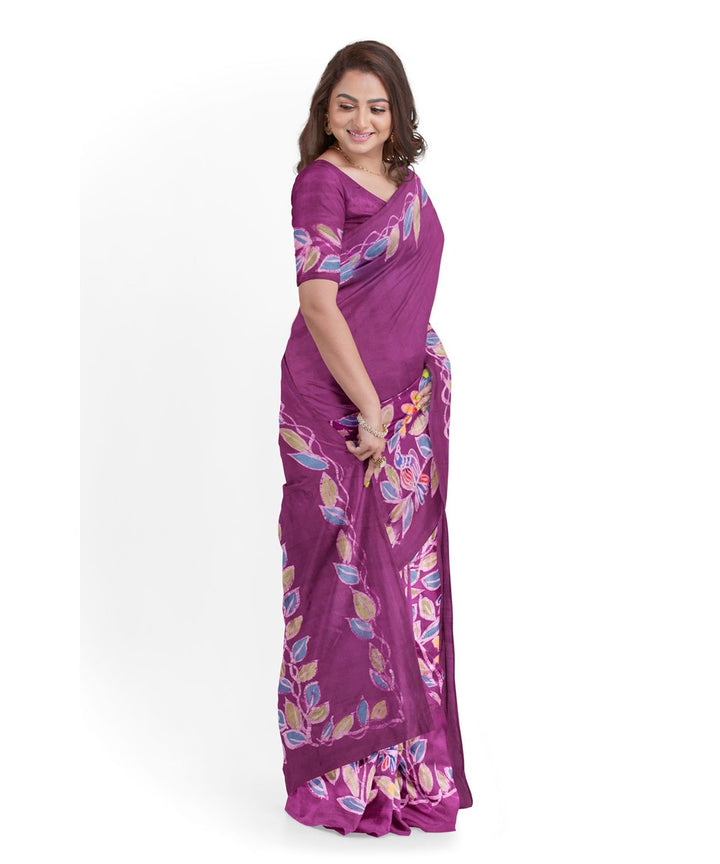 Purple silk batik print bengal saree