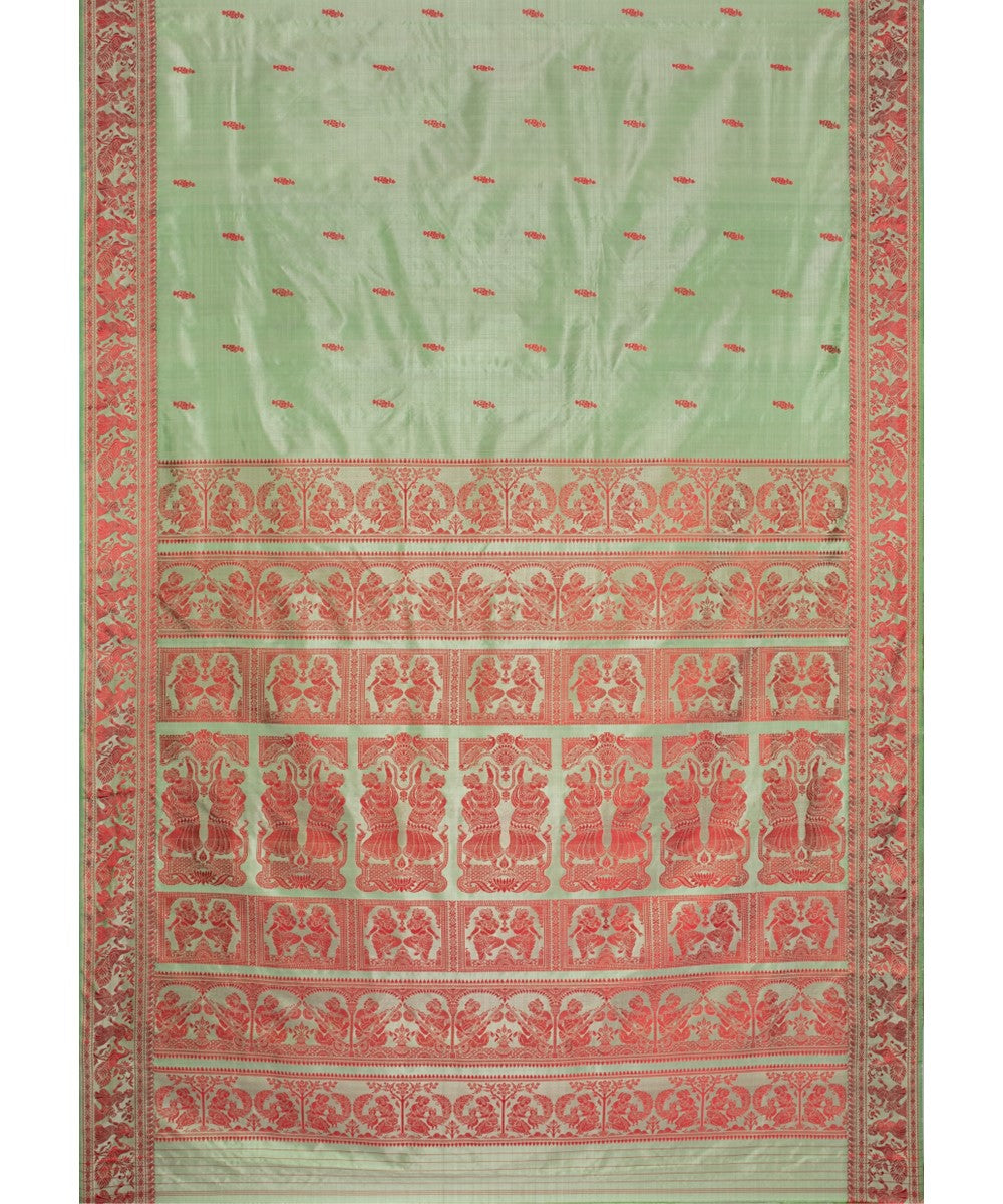 Biswa bangla light green red silk handwoven baluchari saree
