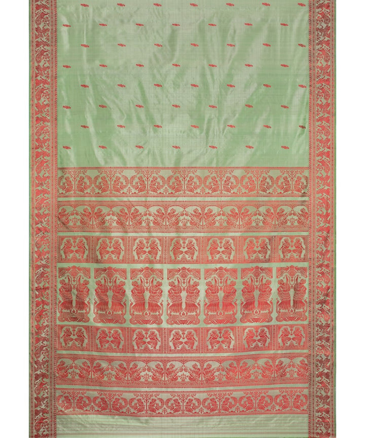 Biswa bangla light green red silk handwoven baluchari saree