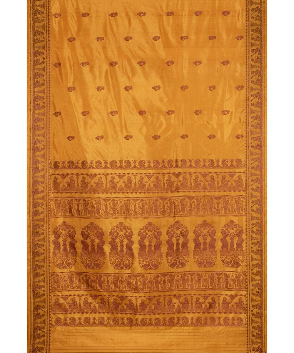 Biswa bangla mustard brown silk handwoven baluchari saree