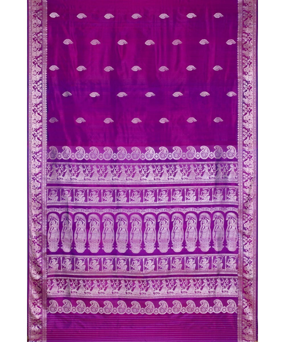 Biswa bangla purple silver silk handwoven baluchari saree