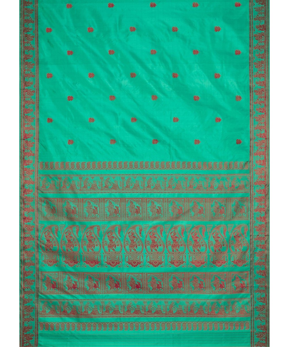 Biswa bangla green maroon silk handwoven baluchari saree