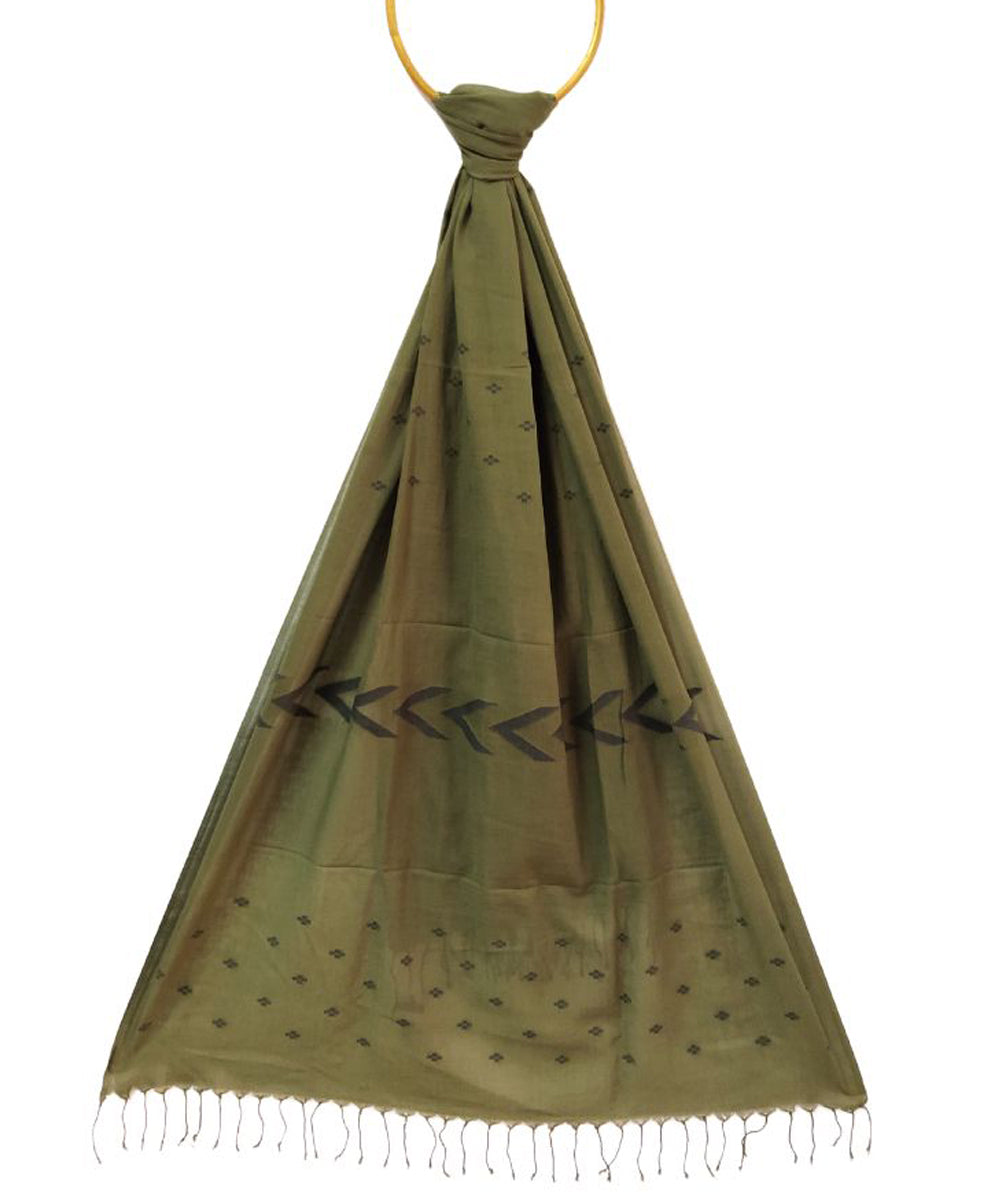 Olive green handloom cotton jamdani stole