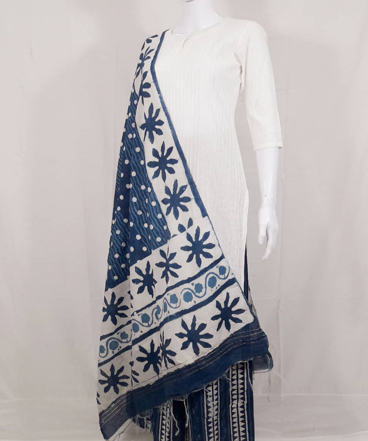 White indigo cotton kurta and pant set with dupatta