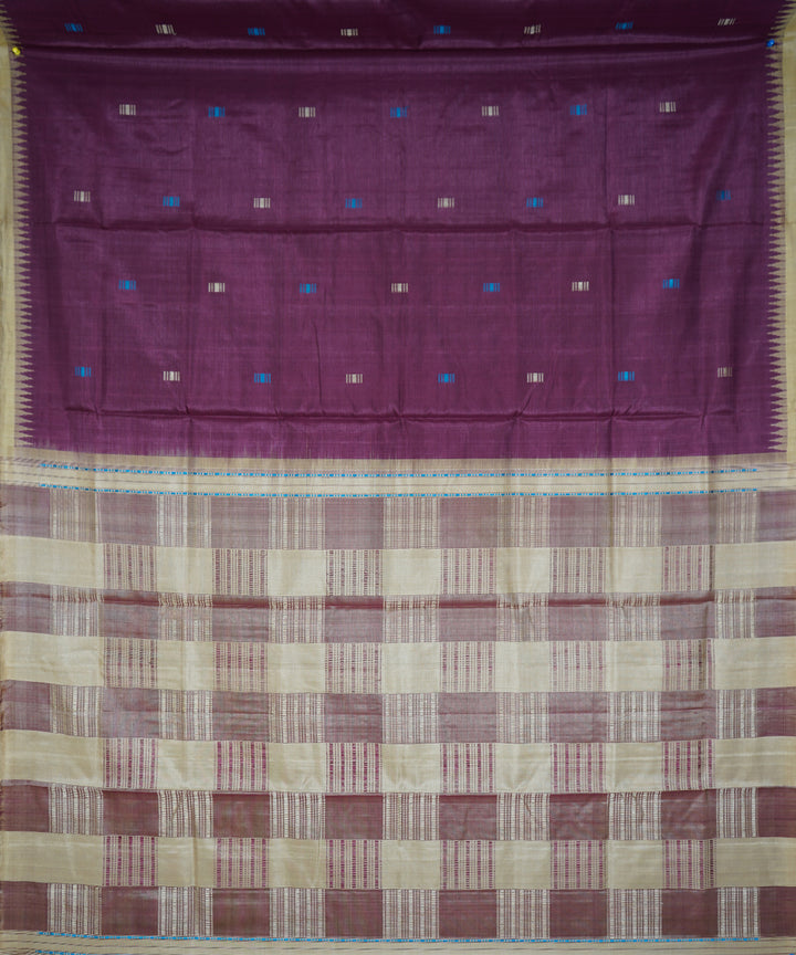 Serifed purple cream tussar silk handloom saree