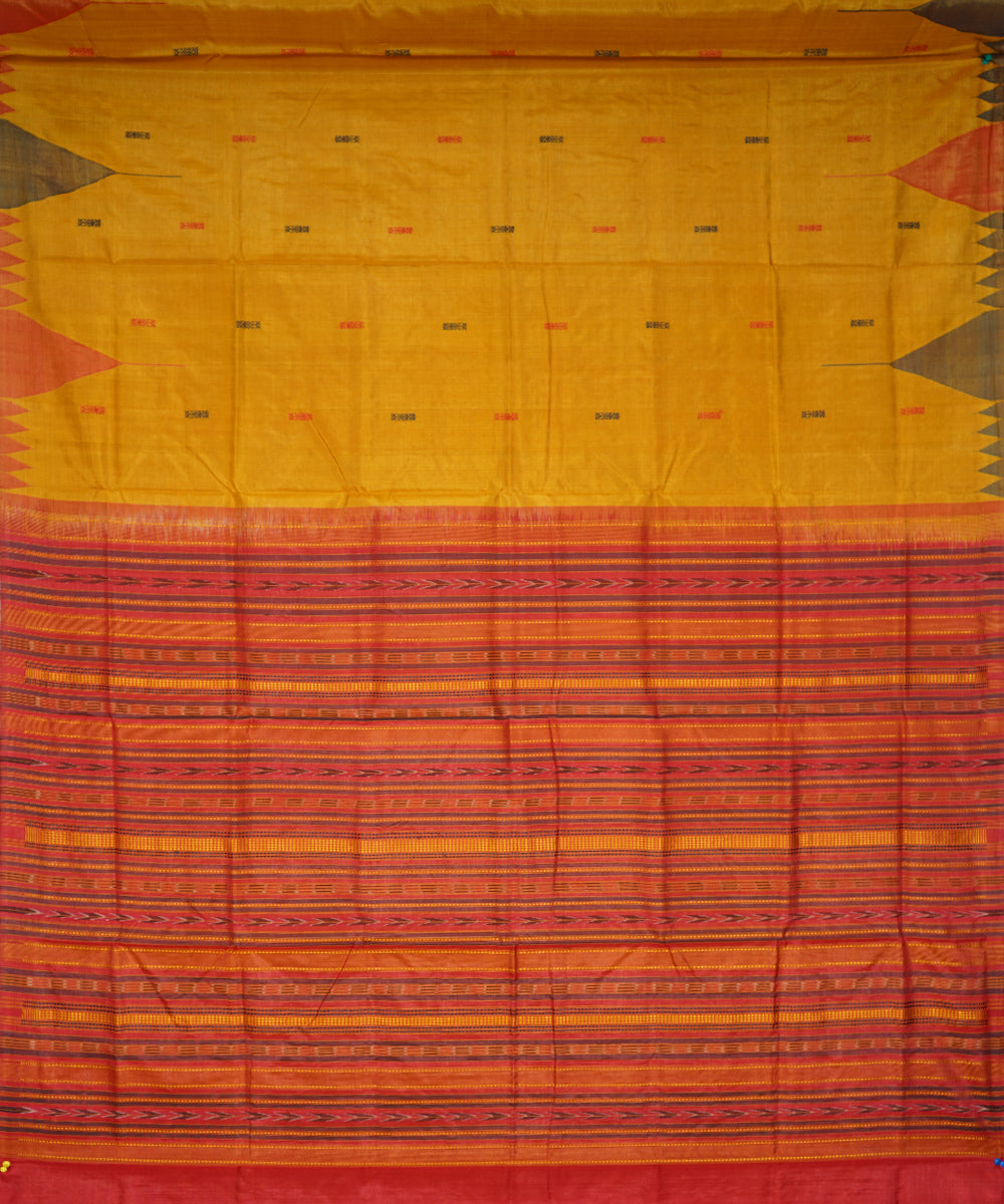 Serifed yellow and red tussar silk handwoven saree