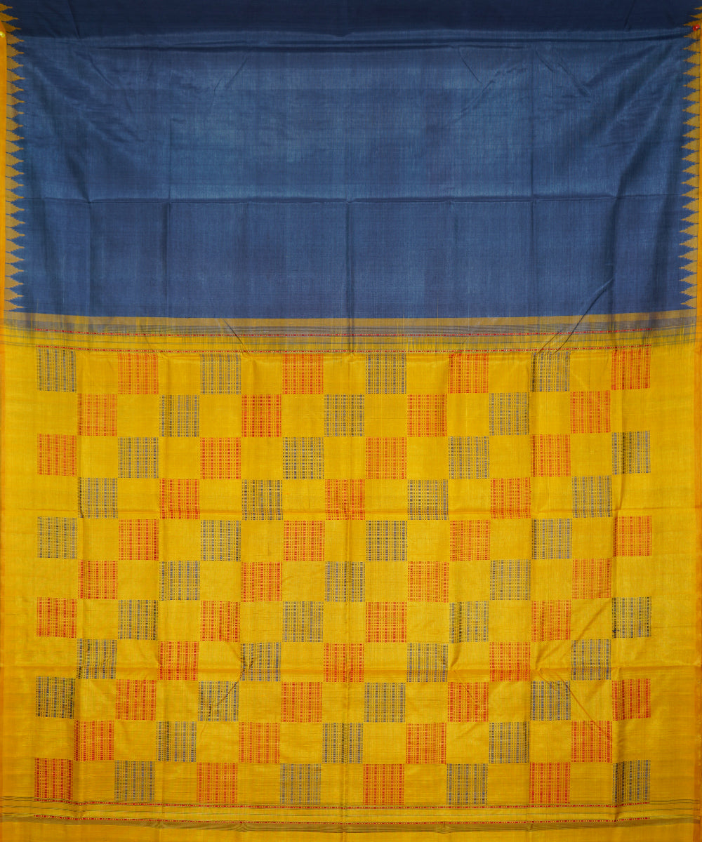 Serifed navy blue yellow tussar silk handloom saree