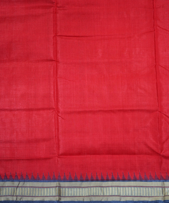 Serifed red blue tussar silk handloom saree