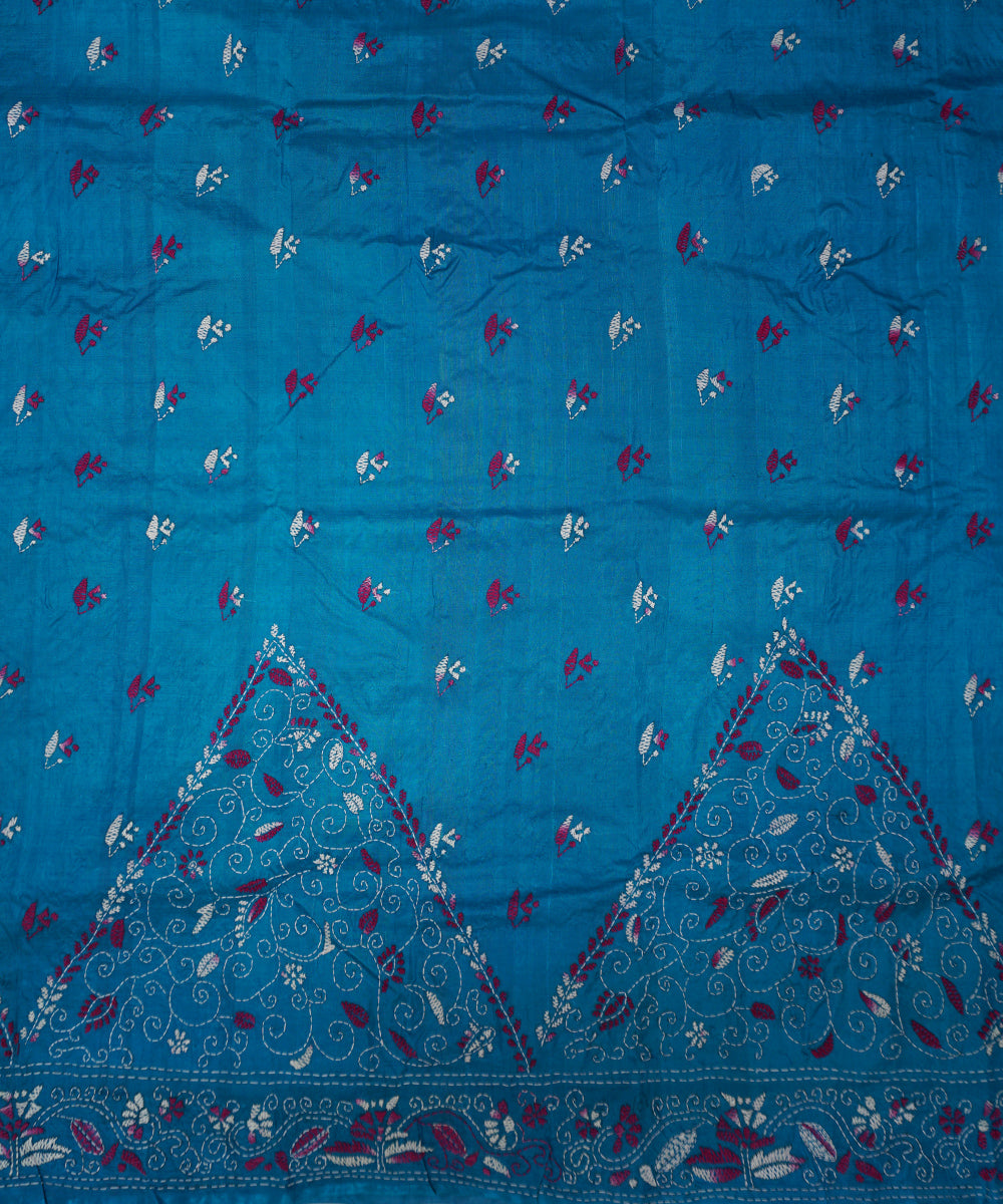 Azure blue tussar silk hand embroidery kantha stitch saree
