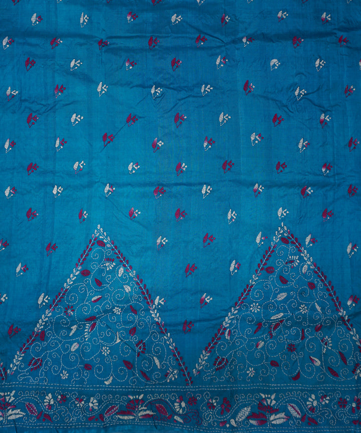 Azure blue tussar silk hand embroidery kantha stitch saree