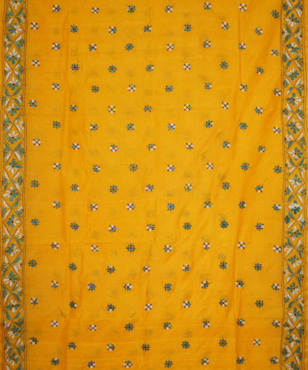 Yellow tussar silk hand embroidery kantha stitch saree