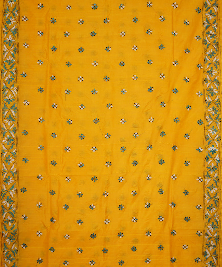 Yellow tussar silk hand embroidery kantha stitch saree