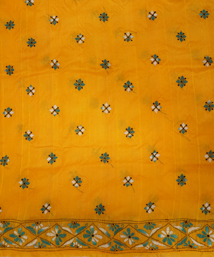 Yellow tussar silk hand embroidery kantha stitch saree